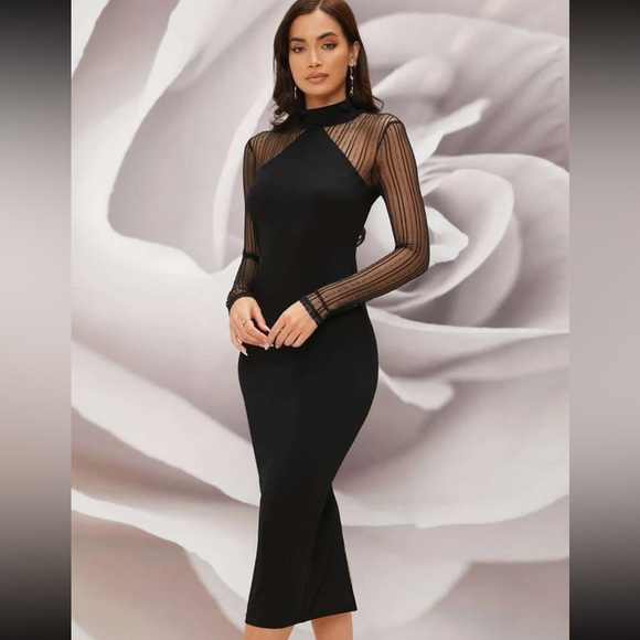 Mock Neck Contrast Mesh Sheer Split Back
Bodycon Dress - Black Shimmer Glitter - Picture 2 of 11